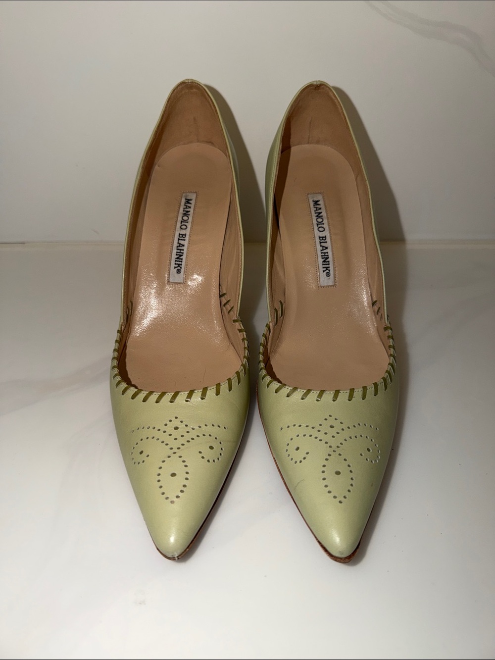 Manolo Blahnik Pistachio Leather Pointed-Toe Pumps